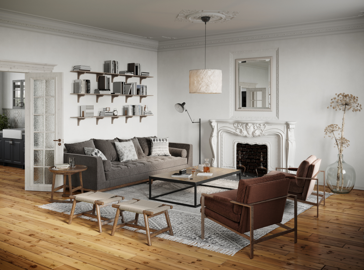 living room with wood floors and 2 couches