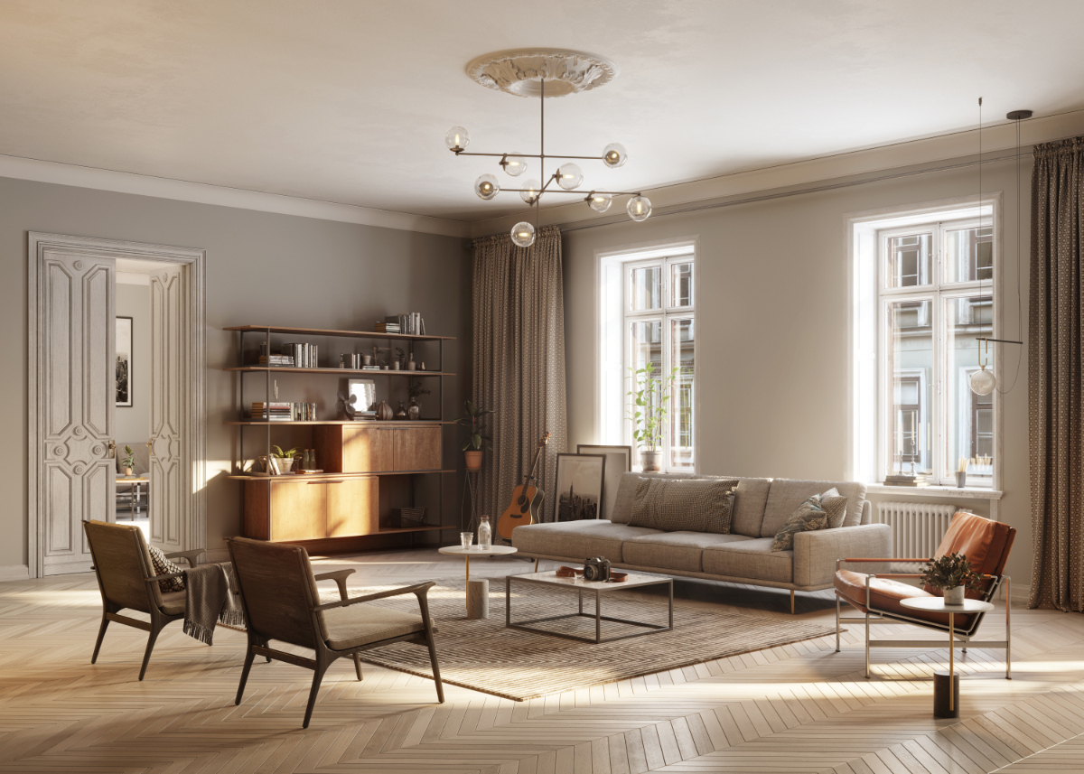 small living room with brick walls and shelves beside two chairs